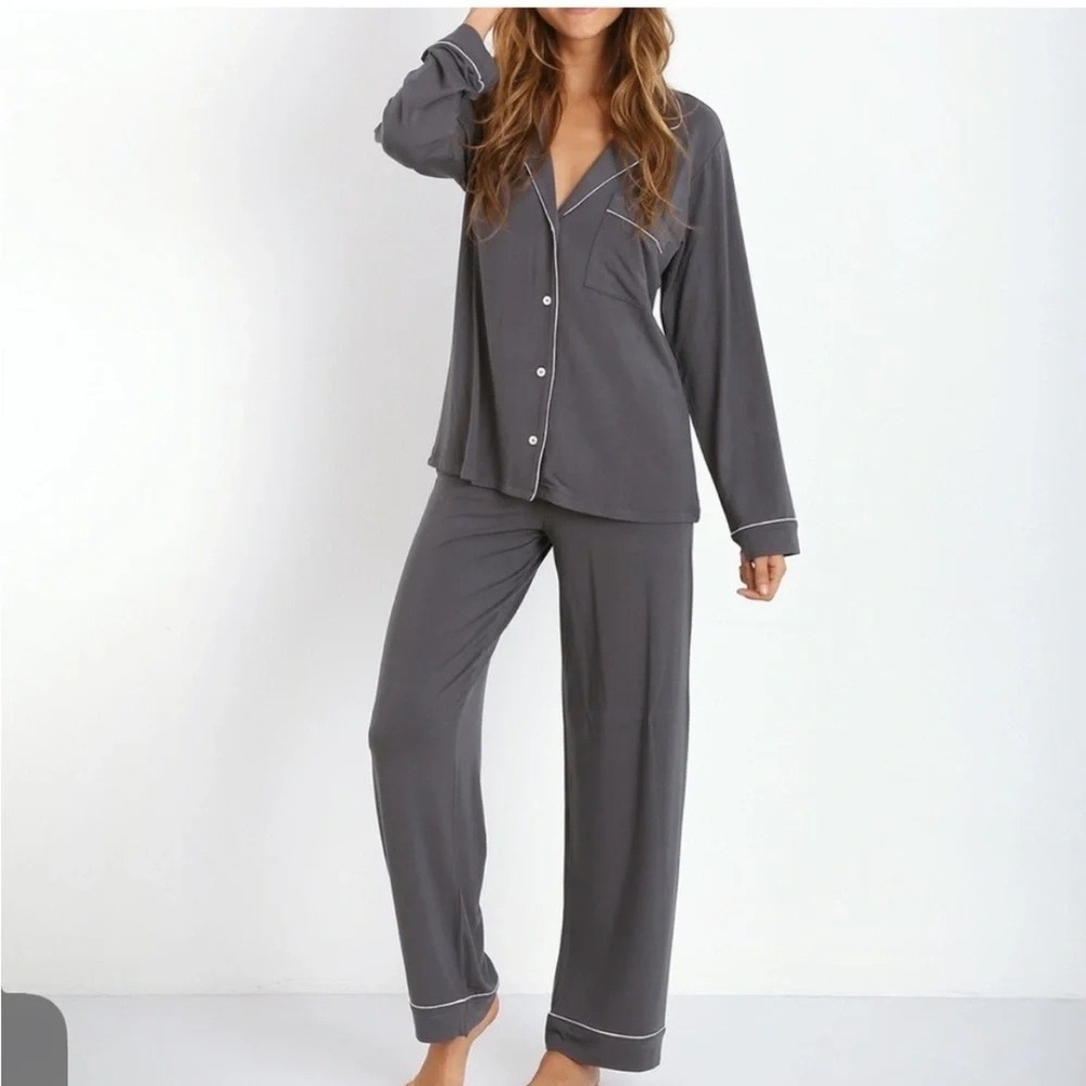 Eberjey | Gisele Long Sleeve Button Pant Pajama Set in Charcoal Grey